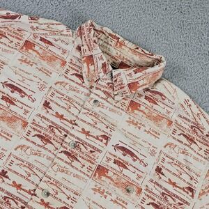Woolrich Shirt Mens Large Beige Fishing Lure Print Short Sleeve Button Down
